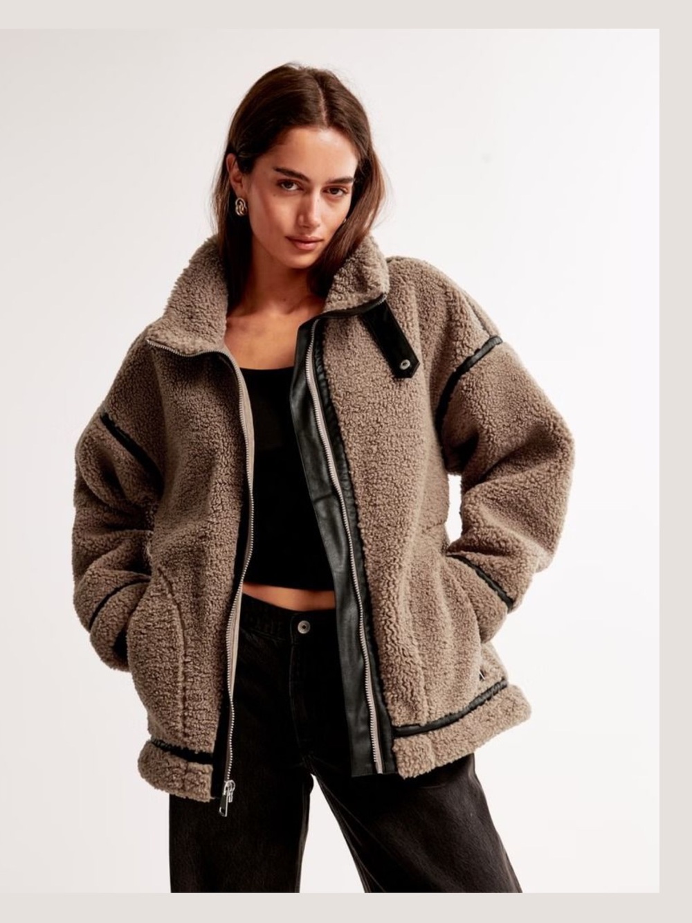 EUC Abercrombie & Finch Taupe Sherpa Moto Jacket size M worn twice ~ $ 180